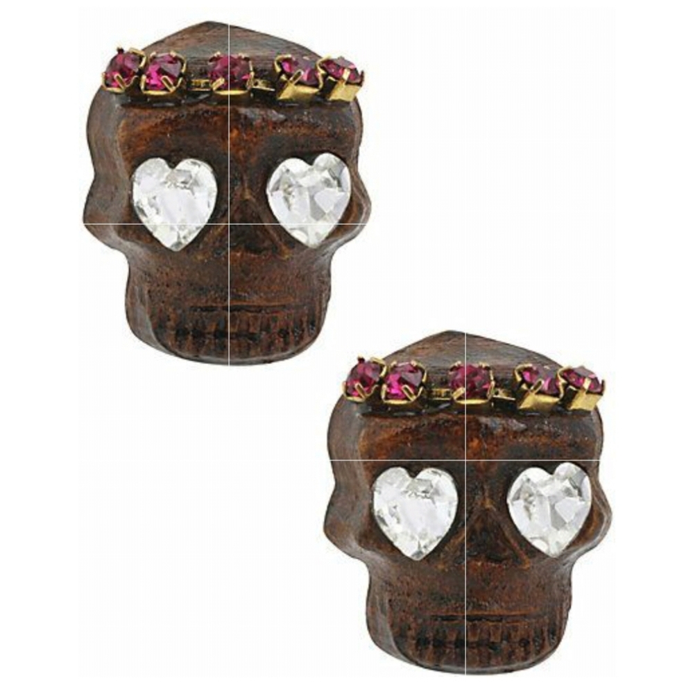 Betsey Johnson St. Barts Crystal Wooden Skull Stud Earrings